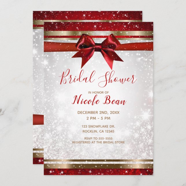 Red Bow & Gold White Sparkle Holiday Bridal Shower Invitation (Front/Back)