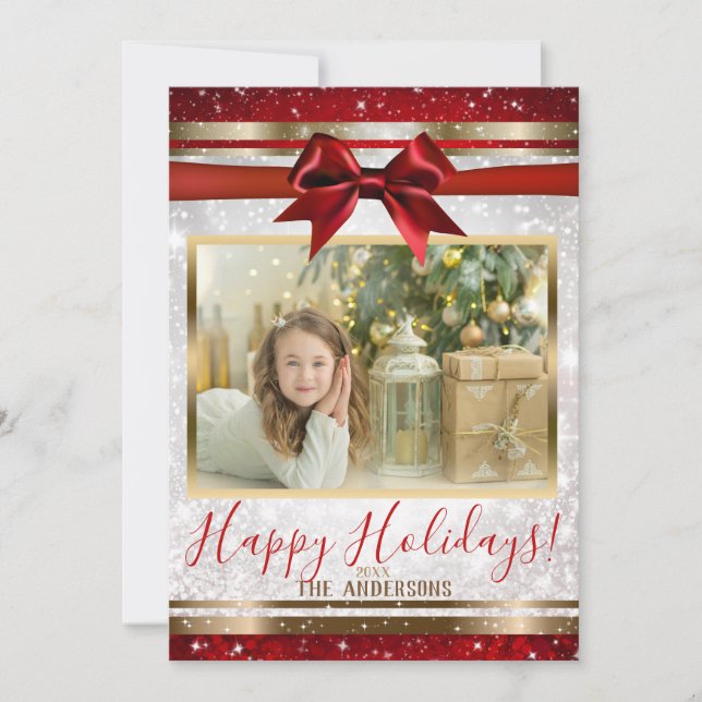 Red Bow Gold White Sparkle Holiday Photo Card (Front)