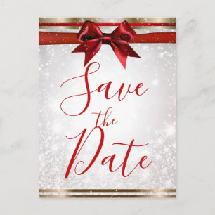 Red Bow & Gold White Sparkle Holiday Save the Date Announcement Postcard