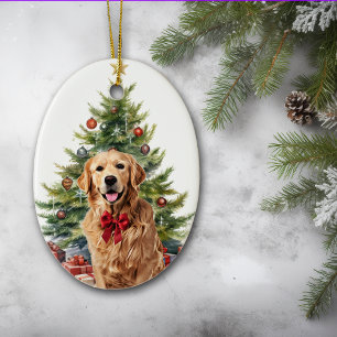 Red Bow Golden Retriever Dog Christmas Ceramic Ornament