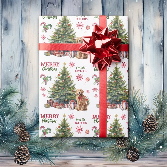 Red Bow Golden Retriever Dog Holiday Tree Wrapping Paper (Creator Uploaded)
