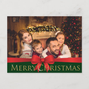 Red Bow Golden Sparkling Merry Christmas Photo Holiday Postcard