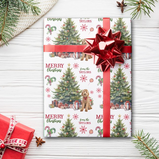 Red Bow Goldendoodle Dog Holiday Tree Wrapping Paper (Creator Uploaded)