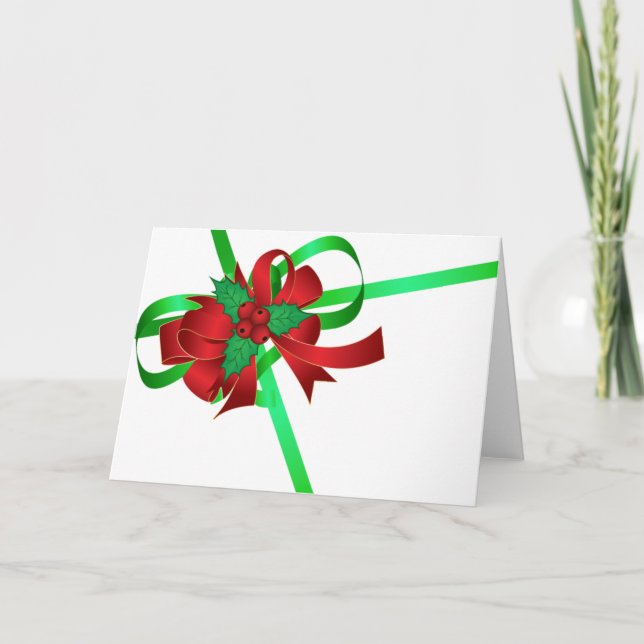 Red Bow Green Ribbon Holly Berry Blank Christmas Holiday Card (Front)