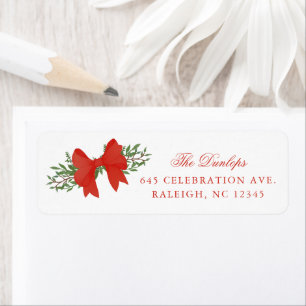 Red Bow Greenery Christmas Holiday Return Address Label