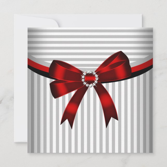 Red Bow Grey Black White Stripe Birthday Party Invitation (Front)