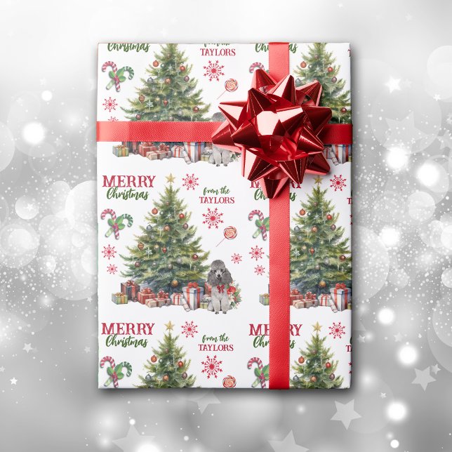Red Bow Grey Miniature Poodle Dog Holiday Tree Wrapping Paper (Creator Uploaded)