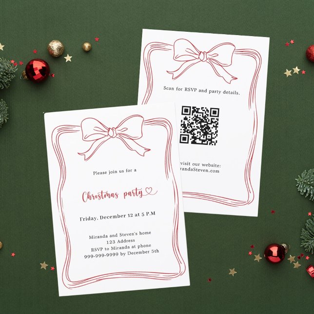 Red bow hand-drawn QR code Christmas Party Invitation (Creator Uploaded)