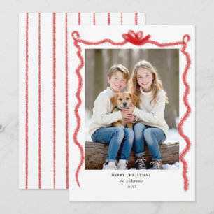 Red Bow Hand Drawn Squiggle Frame Photo Christmas Holiday Card
