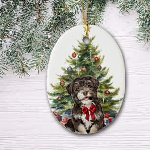 Red Bow Havanese Dog Christmas Ceramic Ornament