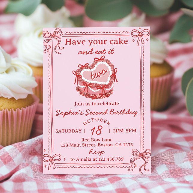 Red Bow Have Your Cake and Eat It Two Birthday Invitation (Creator Uploaded)