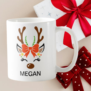 Red Bow Holiday Antlers Reindeer Face Coffee Mug