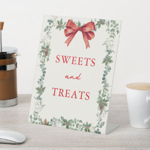 Red Bow Holiday Party Sweets and Treats Pedestal Sign