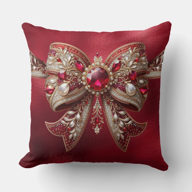 Red Bow Holiday Throw Pillow (Front)