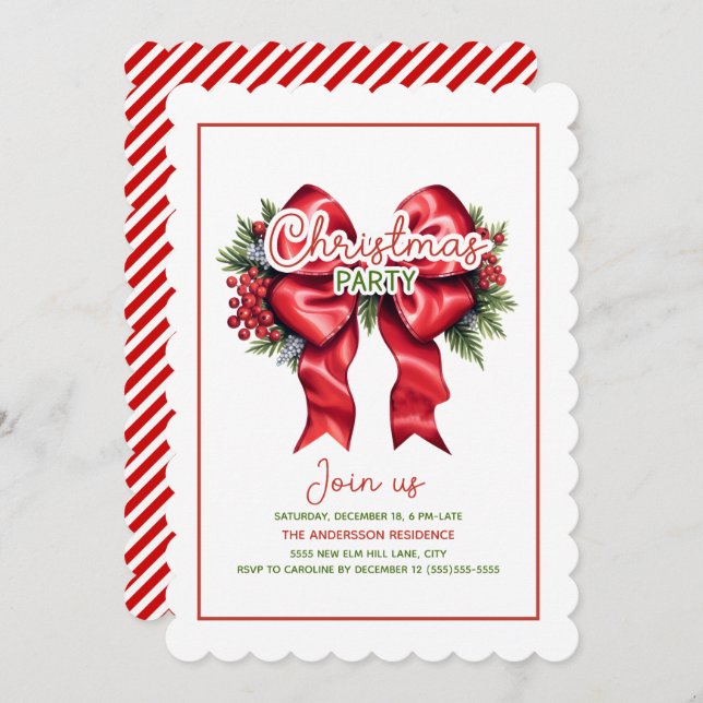 Red Bow Holly Berries Scalloped Christmas Party Invitation (Front/Back)