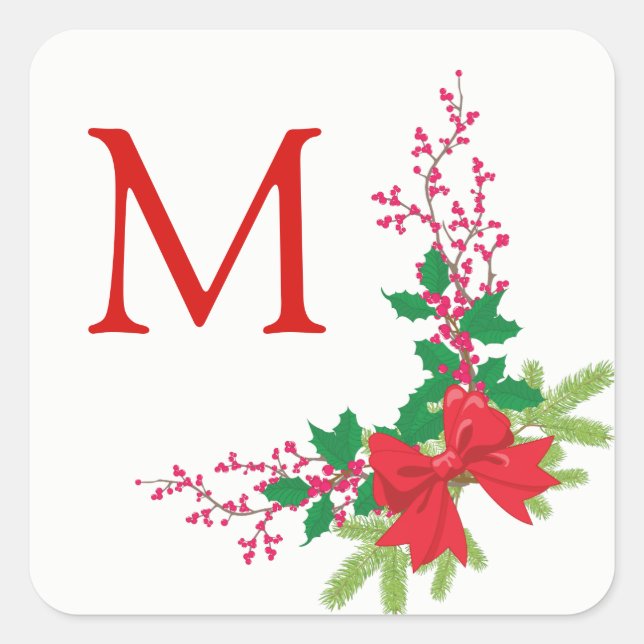 Red Bow Holly Christmas Square Sticker (Front)