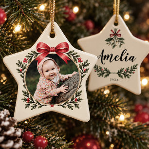 Red Bow Holly Garland First Christmas Child Photo Ceramic Ornament