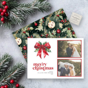 Red Bow Holly Married & Merry Newlywed 2 Photo Holiday Card