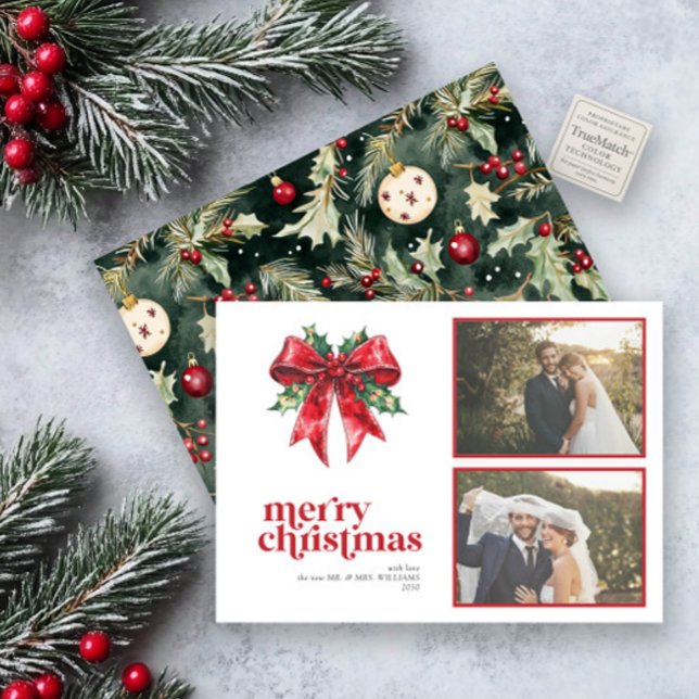 Red Bow Holly Married & Merry Newlywed 2 Photo Holiday Card (Creator Uploaded)
