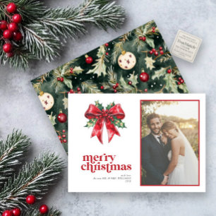 Red Bow Holly Married & Merry Newlywed Photo Holiday Card