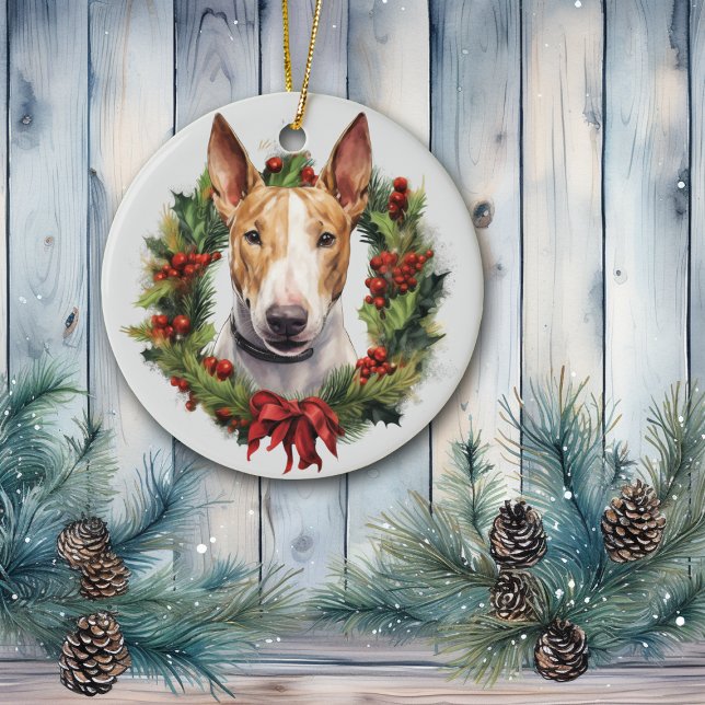 Red Bow Holly Wreath Bull Terrier Dog Ceramic Ornament (Creator Uploaded)