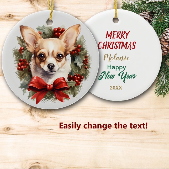 Red Bow Holly Wreath Chihuahua Dog Ceramic Ornament (Creator Uploaded)