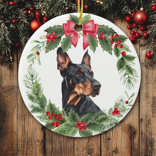 Red Bow Holly Wreath Doberman Pinscher Dog Ceramic Ornament