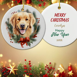 Red Bow Holly Wreath Golden Retriever Dog Ceramic Ornament