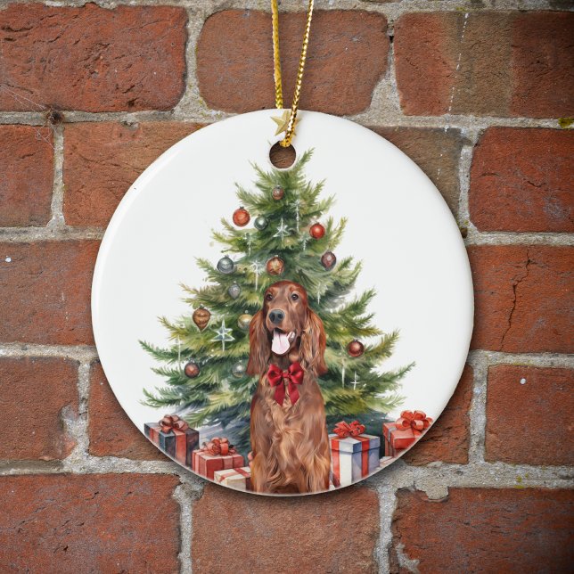 Red Bow Irish Setter Dog Christmas Ceramic Ornament (Creator Uploaded)