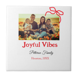 Red bow joyful Vibes add family name photo christm Ceramic Tile