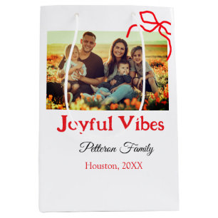 Red bow joyful Vibes add family name photo christm Medium Gift Bag