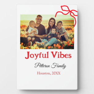 Red bow joyful Vibes add family name photo christm Plaque