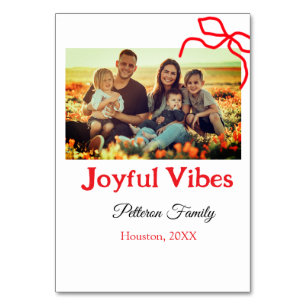 Red bow joyful Vibes add family name photo christm Table Number