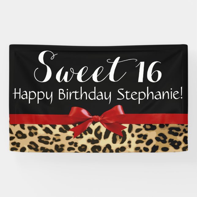 Red Bow Leopard Print Sweet 16 Birthday Party Banner (Horizontal)