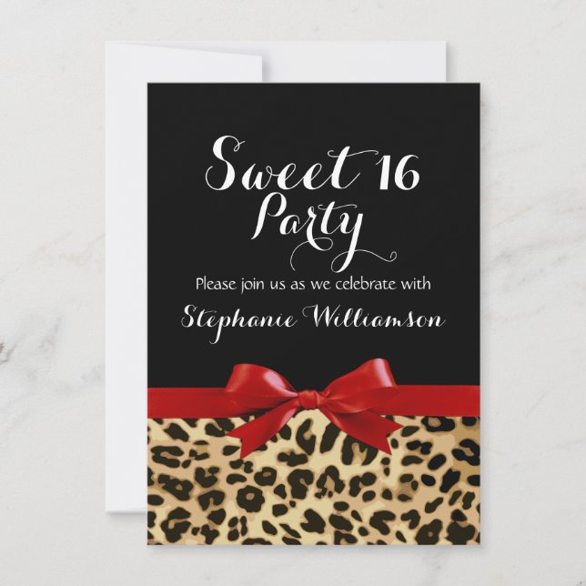 Red Bow Leopard Print Sweet 16 Birthday Party Invitation (Front)