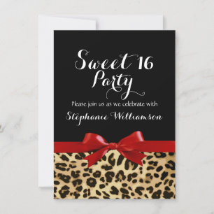 Red Bow Leopard Print Sweet 16 Birthday Party Invitation