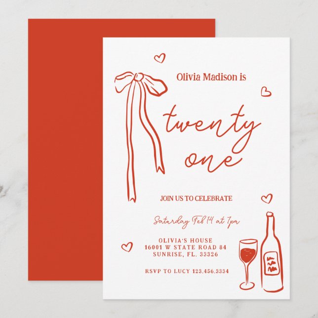 Red Bow Minimalist 21st Birthday Party Invitation (Front/Back)