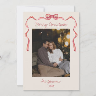 Red Bow Neutral Minimalist Holiday Christmas Card