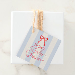 Red Bow & Pale Blue Stripes Baby Shower Favour Tags