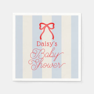 Red Bow & Pale Blue Stripes Baby Shower Napkin