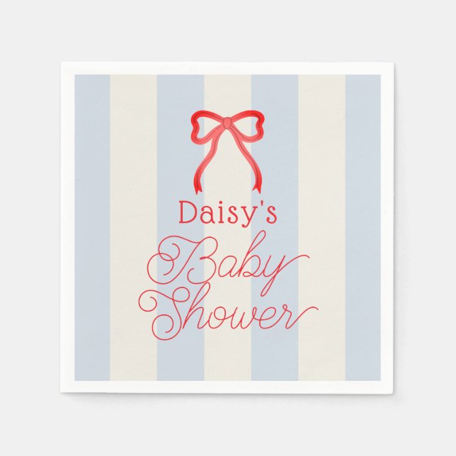Red Bow & Pale Blue Stripes Baby Shower Napkin (Front)