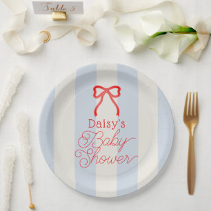 Red Bow & Pale Blue Stripes Baby Shower Paper Plate