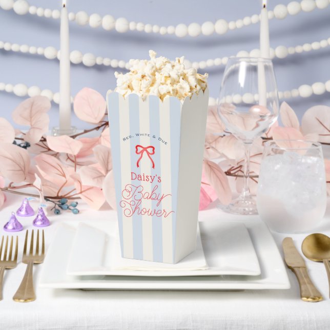 Red Bow & Pale Blue Stripes Baby Shower Popcorn Favour Box (Wedding)