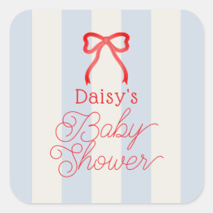 Red Bow & Pale Blue Stripes Baby Shower Square Sticker
