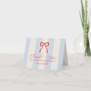 Red Bow & Pale Blue Stripes Baby Shower Thank You Card