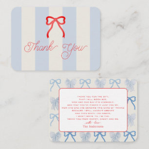 Red Bow & Pale Blue Stripes Baby Shower Thank You Card