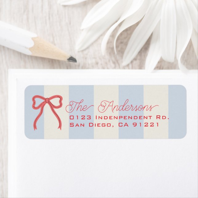 Red Bow & Pale Blue Stripes Return Address Label (Insitu)
