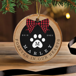 Red Bow Paw Print Memorial Pet Photo Wood Slice Ceramic Ornament