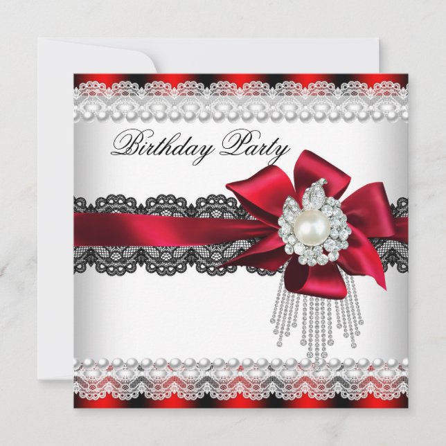 Red Bow Pearl Lace Pearl Birthday Party 2 Invitation (Front)