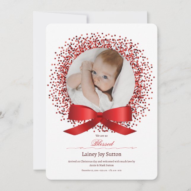 Red Bow Photo Birth Annou Announcement (Front)